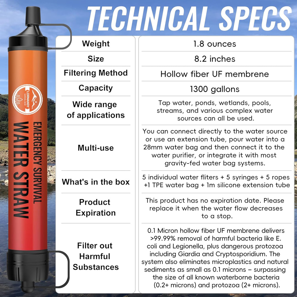 Straw Water Filter 5 Pack – Outdoor Camping & Hiking Survival Gear Kit for Family Use, Ultra-Light Personal Filter