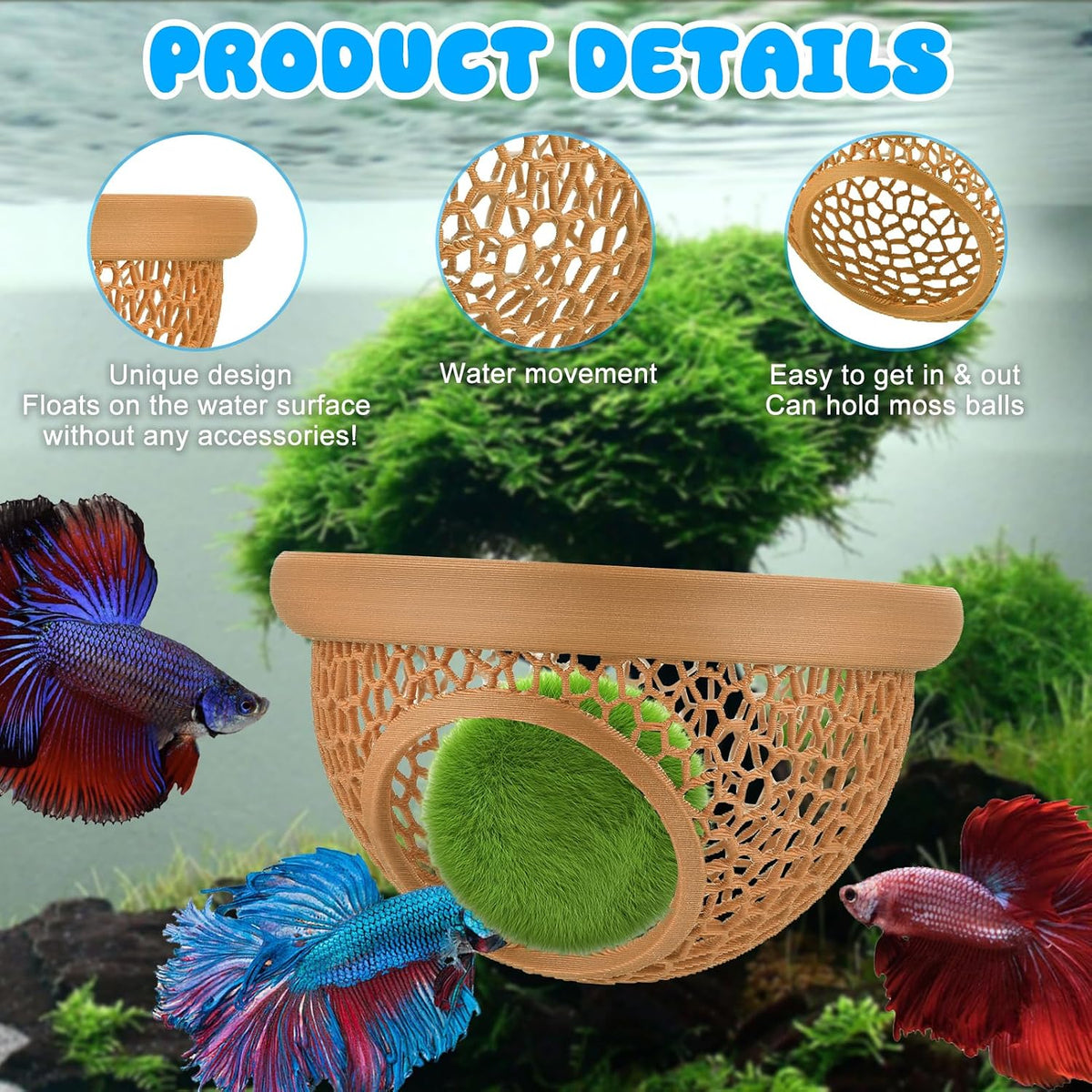 Floating Betta Hide & Shrimp Cave – 3D Printed Aquarium Hammock, Feeder & Rest Spot – Floating Betta Log & Cave Decor