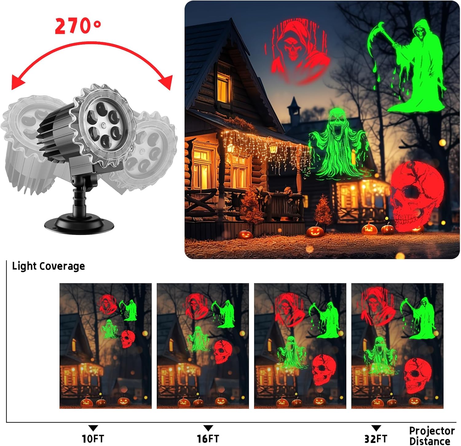 Halloween Projector Lights Outdoor Indoor - 3D Dynamic Red & Green Skull Ghost Skeleton Projector Decorations Lights