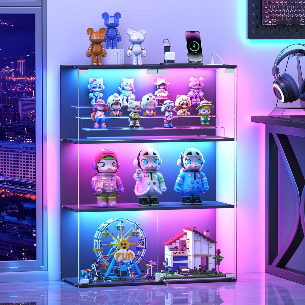 Glass Display Cabinet with RGB LED Lights, Full-View Display, 3-Tier Display Case with Glass Doors for Collectibles