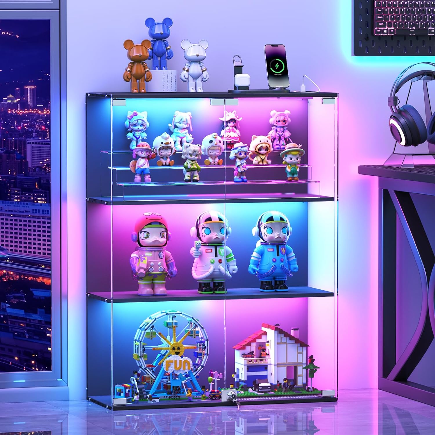 Glass Display Cabinet with RGB LED Lights, Full-View Display, 3-Tier Display Case with Glass Doors for Collectibles
