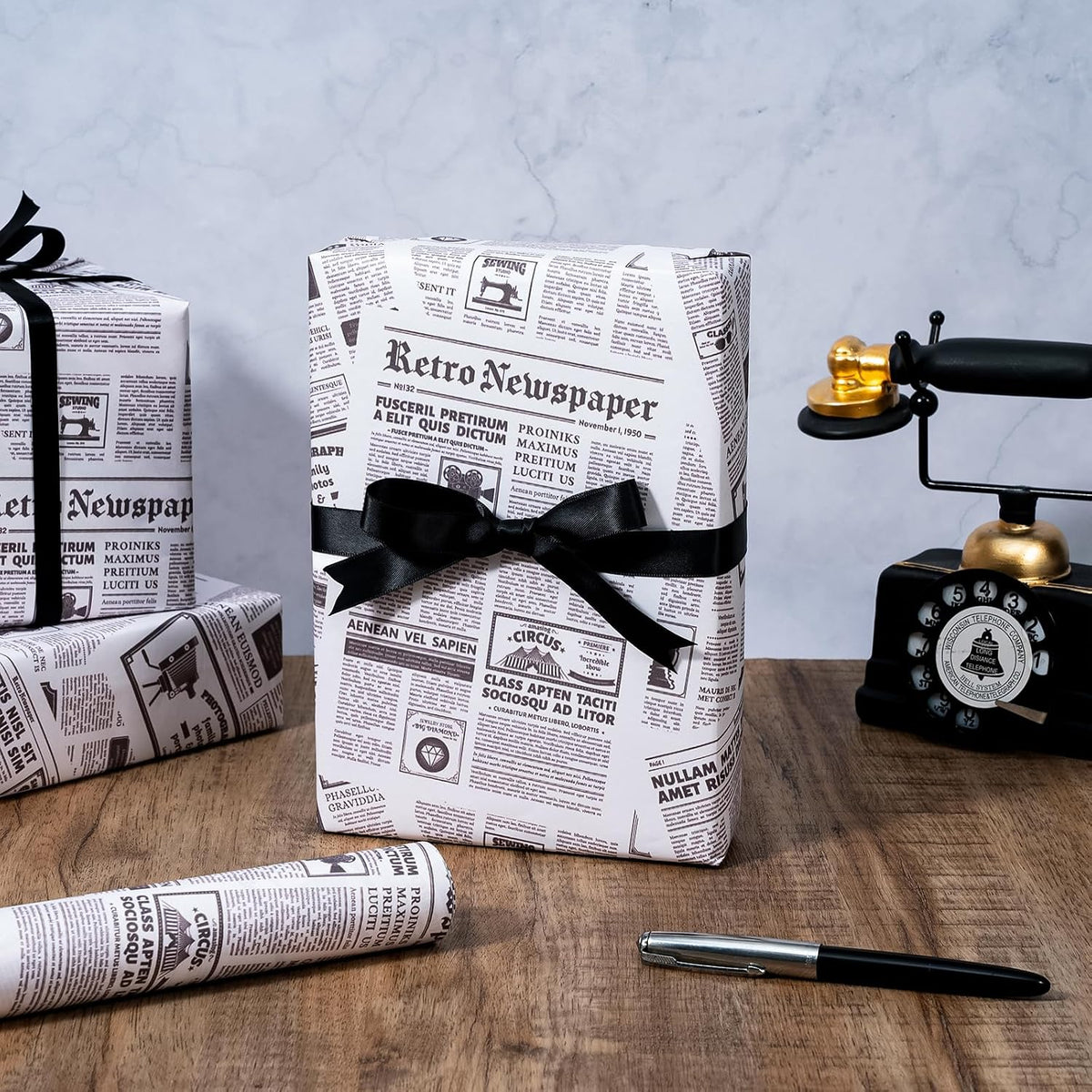 Kraft Retro Newspaper Wrapping Paper Roll - Mini Roll - 17 Inch x 16.5 Feet - Vintage Black and White Newspaper