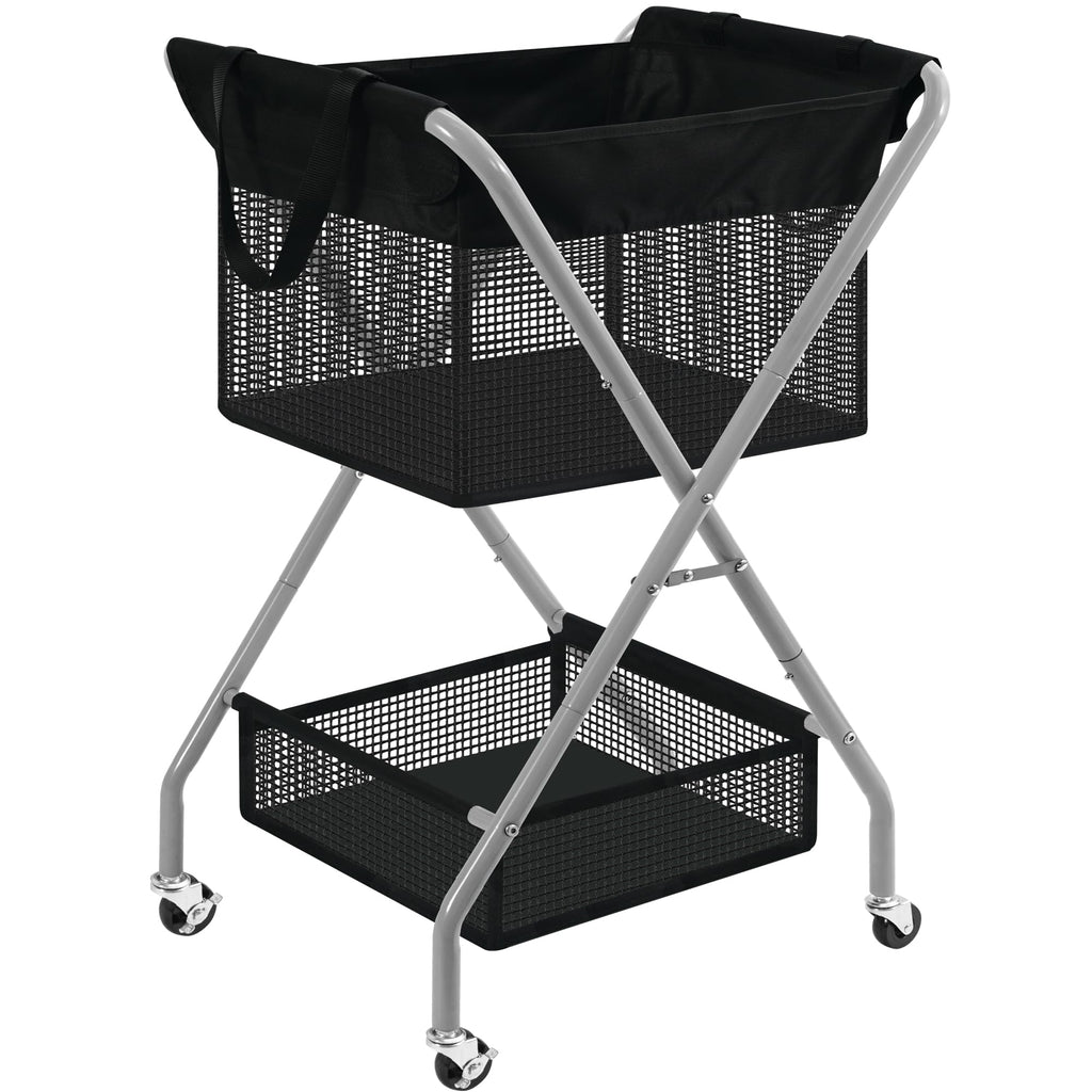 2-Tier Foldable Laundry Cart with Wheels, 75L Tall Rolling Laundry Hamper, Collapsible Laundry Basket with Removable