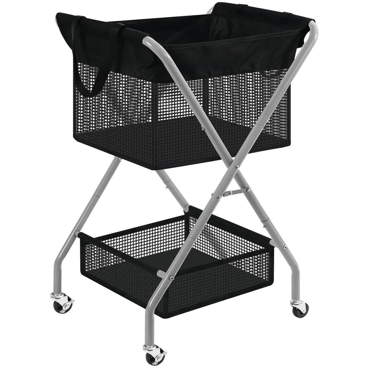 2-Tier Foldable Laundry Cart with Wheels, 75L Tall Rolling Laundry Hamper, Collapsible Laundry Basket with Removable