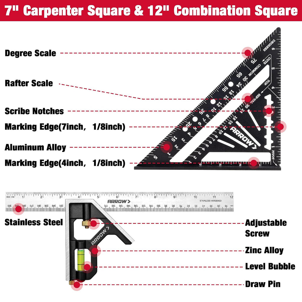 Arrow 7" Alloy Carpenter Square and 12" Combination Square Set | Aluminum Alloy, Zinc Alloy, Woodworking Rafter