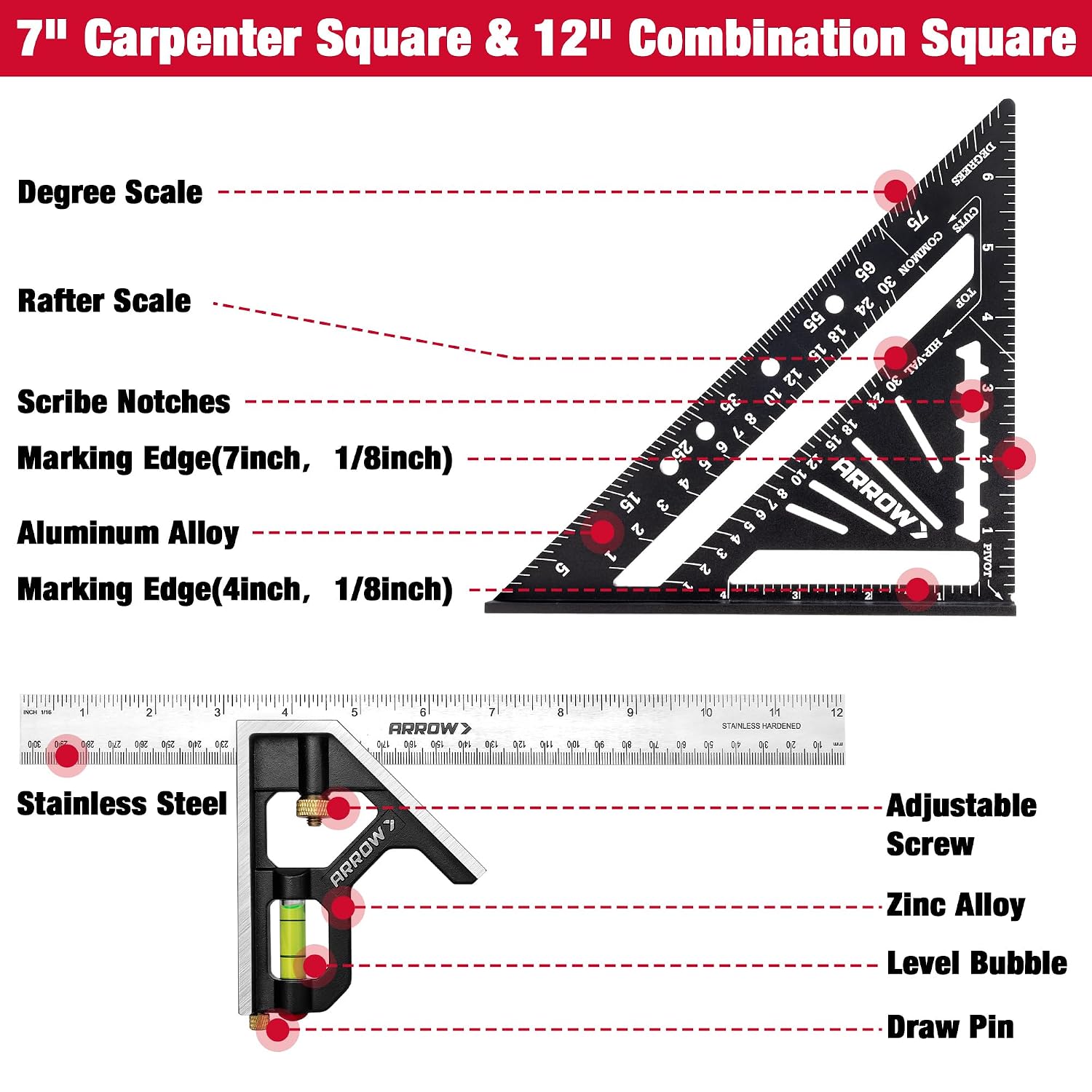 Arrow 7" Alloy Carpenter Square and 12" Combination Square Set | Aluminum Alloy, Zinc Alloy, Woodworking Rafter