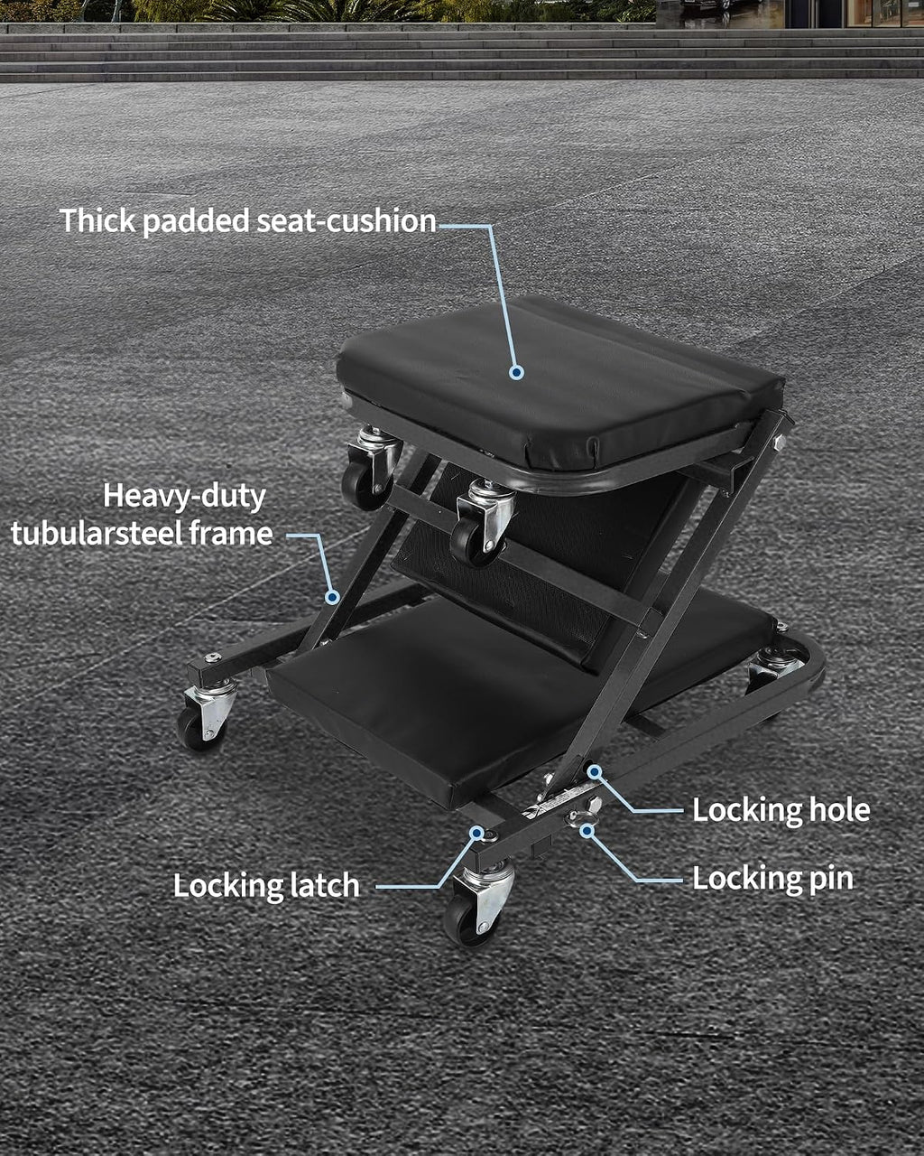 2-in-1 Z-Frame Mechanic Creeper Seat - Folding Adjustable Garage Roller, 36"/40", 6 Swivel Wheels, Heavy Duty Metal