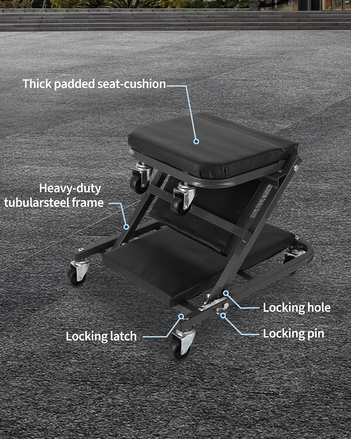 2-in-1 Z-Frame Mechanic Creeper Seat - Folding Adjustable Garage Roller, 36"/40", 6 Swivel Wheels, Heavy Duty Metal