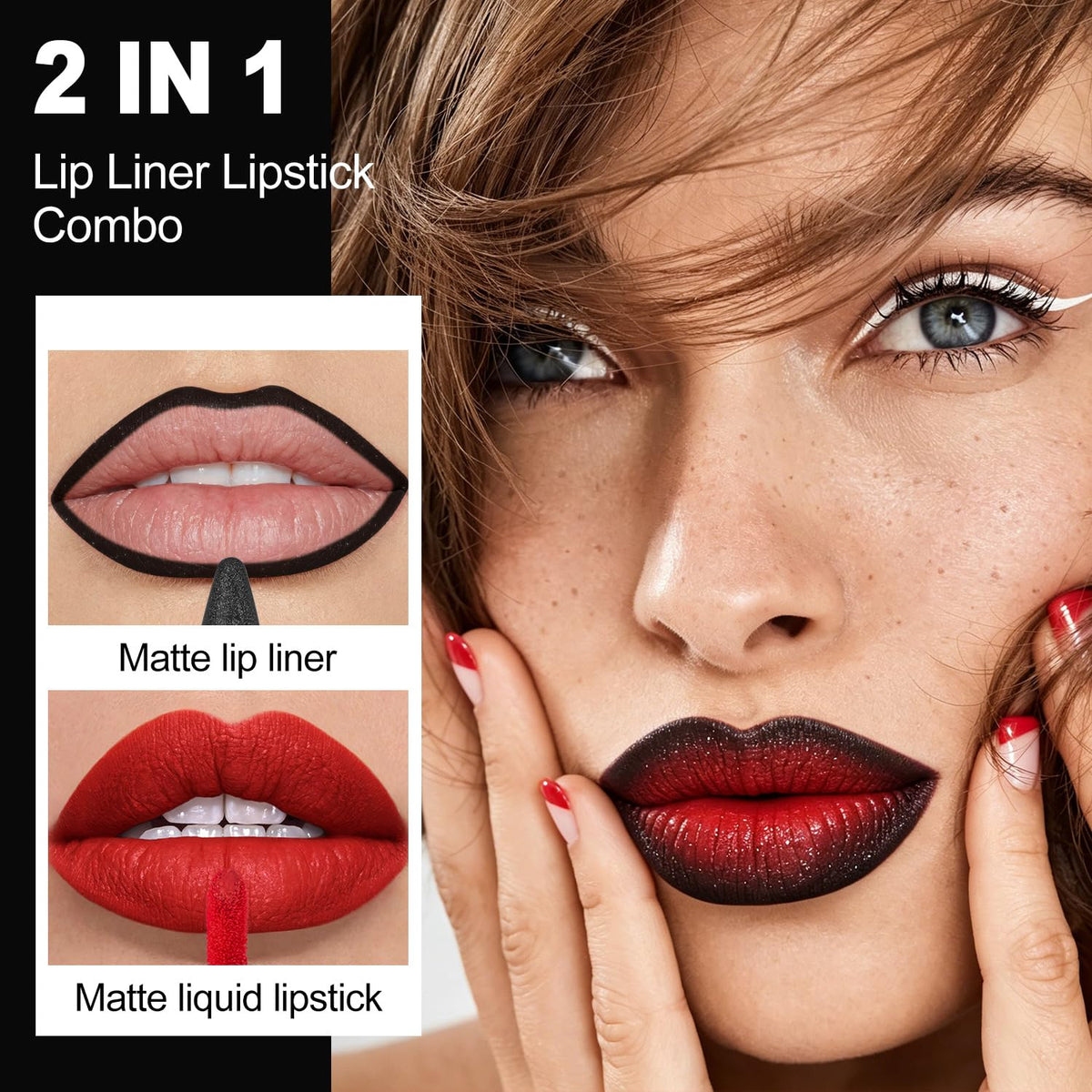 Black Lip Liner Red Matte Liquid Lipstick Combo for Women