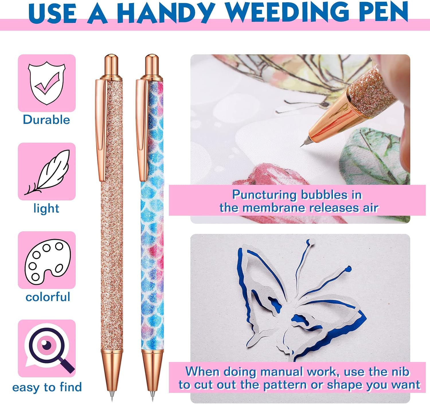 4 Pcs Weeding Tools for Vinyl, 2 Pcs Air Release Pen Glitter Craft Weeding Point Retractable Pin Pen with 2 Pcs Felt