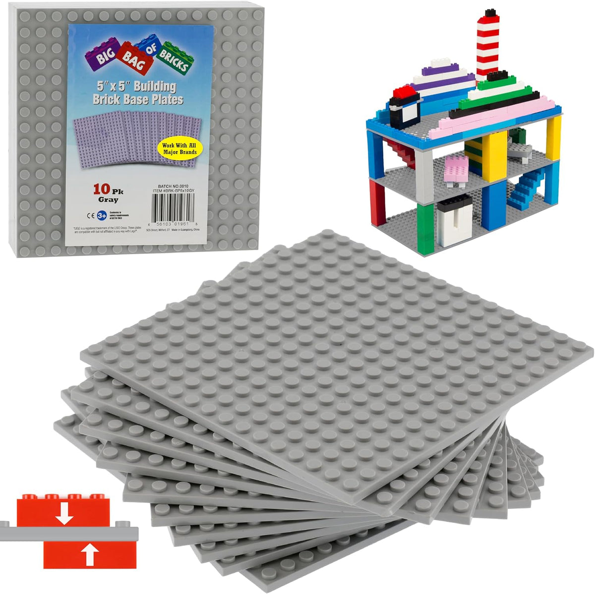 Classic Baseplates for Building Bricks, Gray 5"x5" Plates, 10 Pack Bulk Set