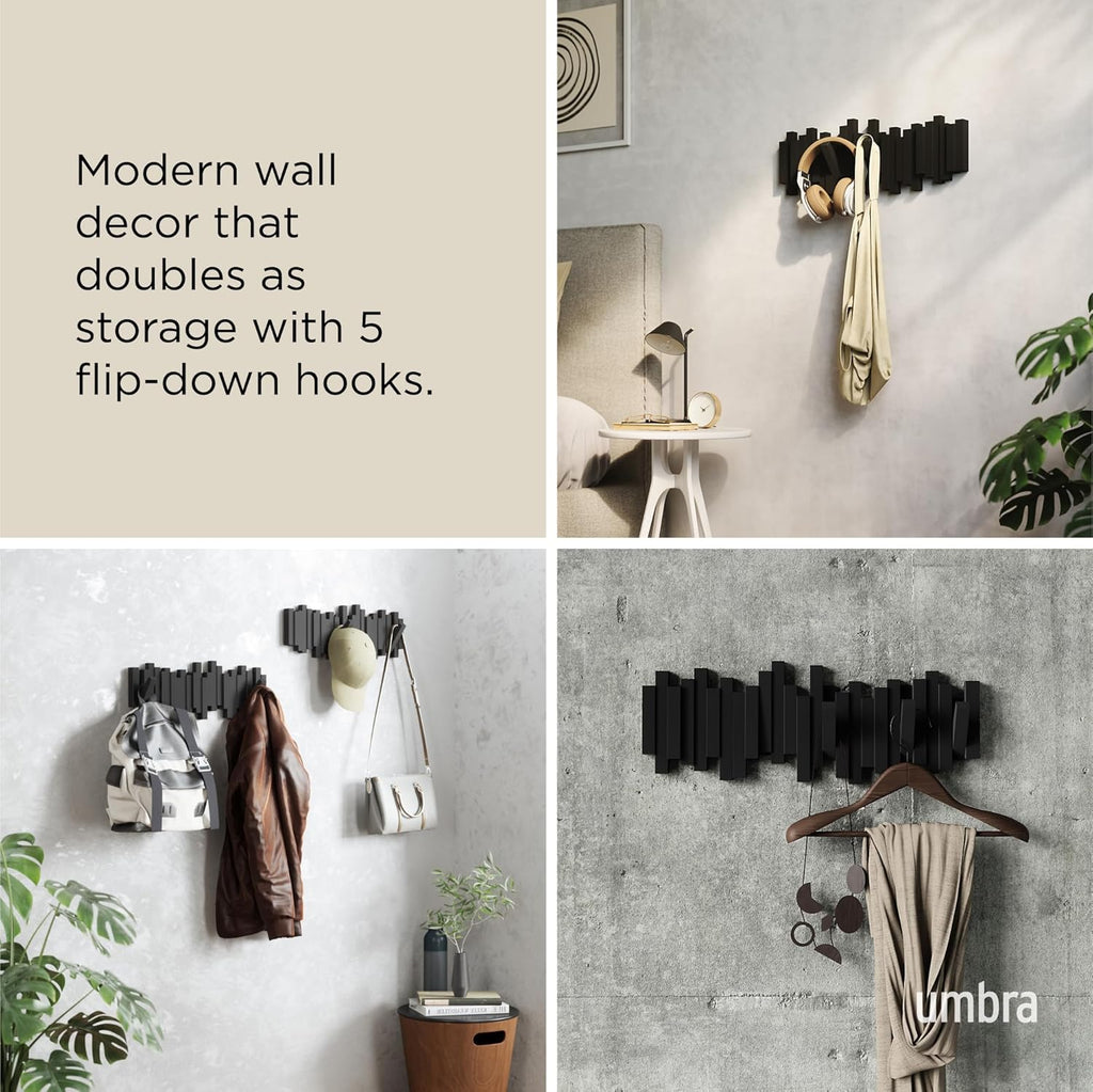 Sticks Wall-Mounted Coat Rack Rail Hook with 5 Retractable Pegs – Modern, Space-Saving Storage Organizer, Black