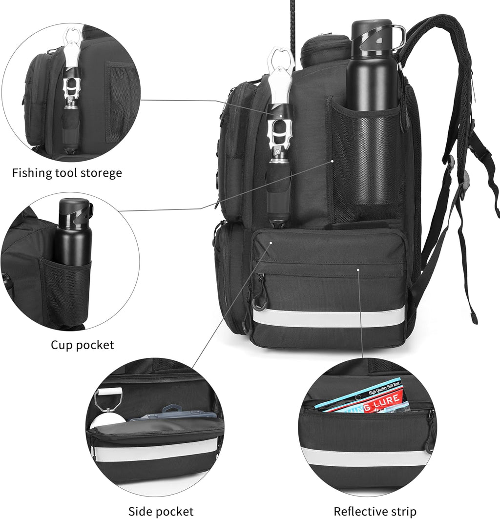 Fishing Tackle Backpack, 45L Storage Waterproof Travel Bag Store Fishing Gear with Insulated Top Pocket