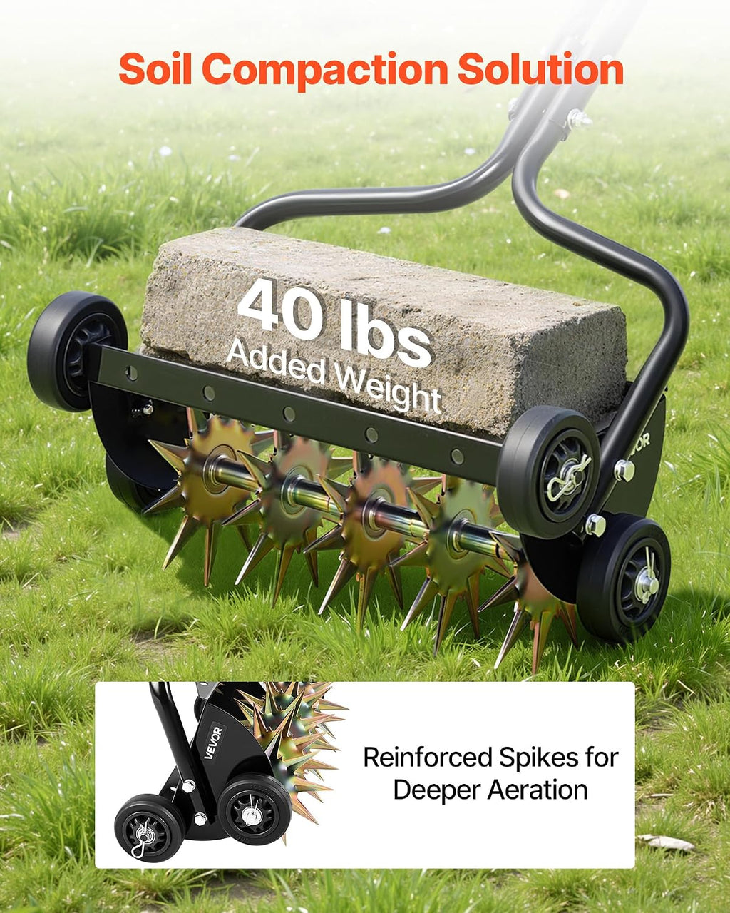 Lawn Aerator, 18 in Manual Push Spike Aerator with 4 Wheels & Handle, Heavy Duty Grass Aerators, Supports 40 lbs