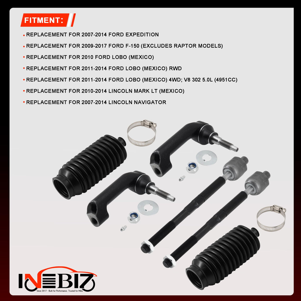 6pcs Front Inner and Outer Tie Rod Ends Complete Kit and Boots