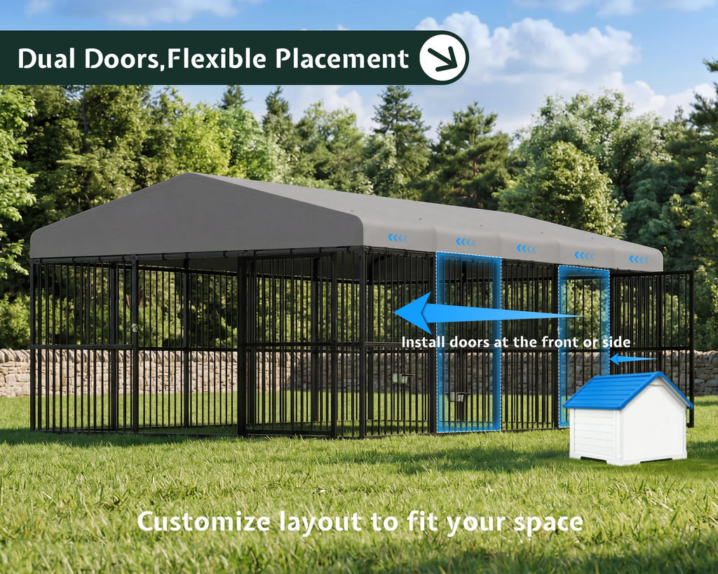 10X16X6.4 FT Outdoor Dog Kennel, 2 Doors, Waterproof Roof