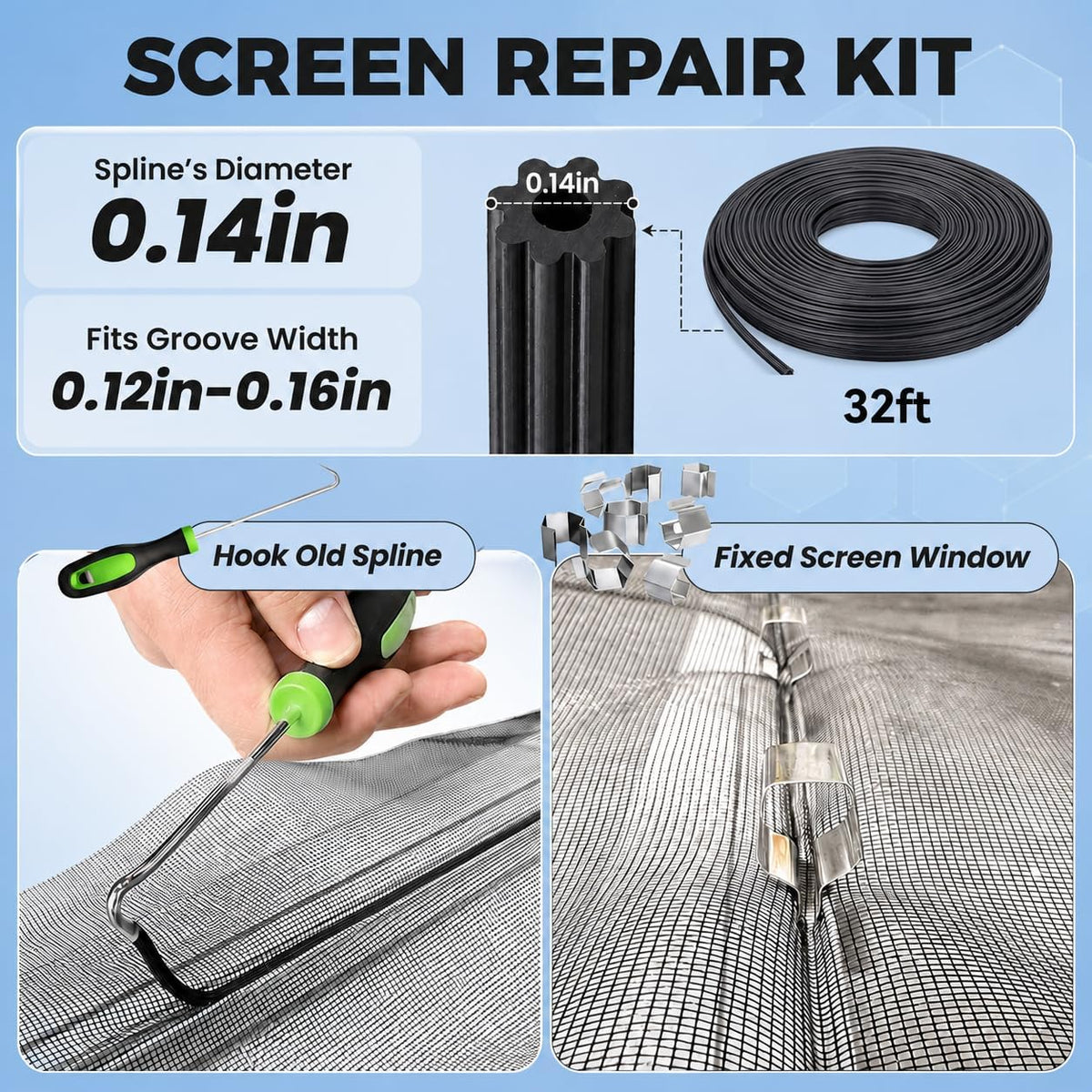 Screen Repair Kit, 5-in-1 Screen Tool for Window Mesh Repair