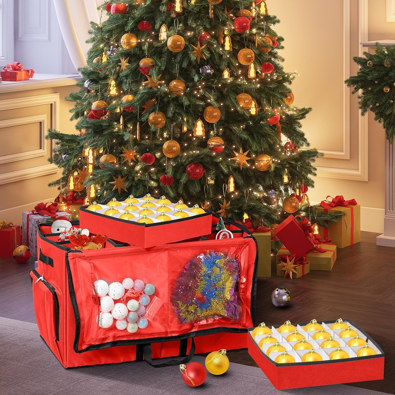 Christmas Ornament Storage Box,2-in-1 Christmas ornament organizer&Christmas Figurine Container,5 Trays,6 Adjustable