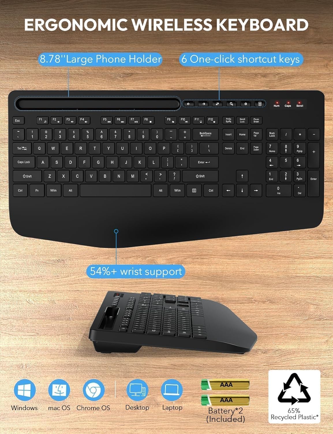 Wireless Keyboard and Mouse Combo, Full Size, Ergonomic Wrist Rest | Silent Typing, Phone Holder, 2.4 GHz, 3 Level