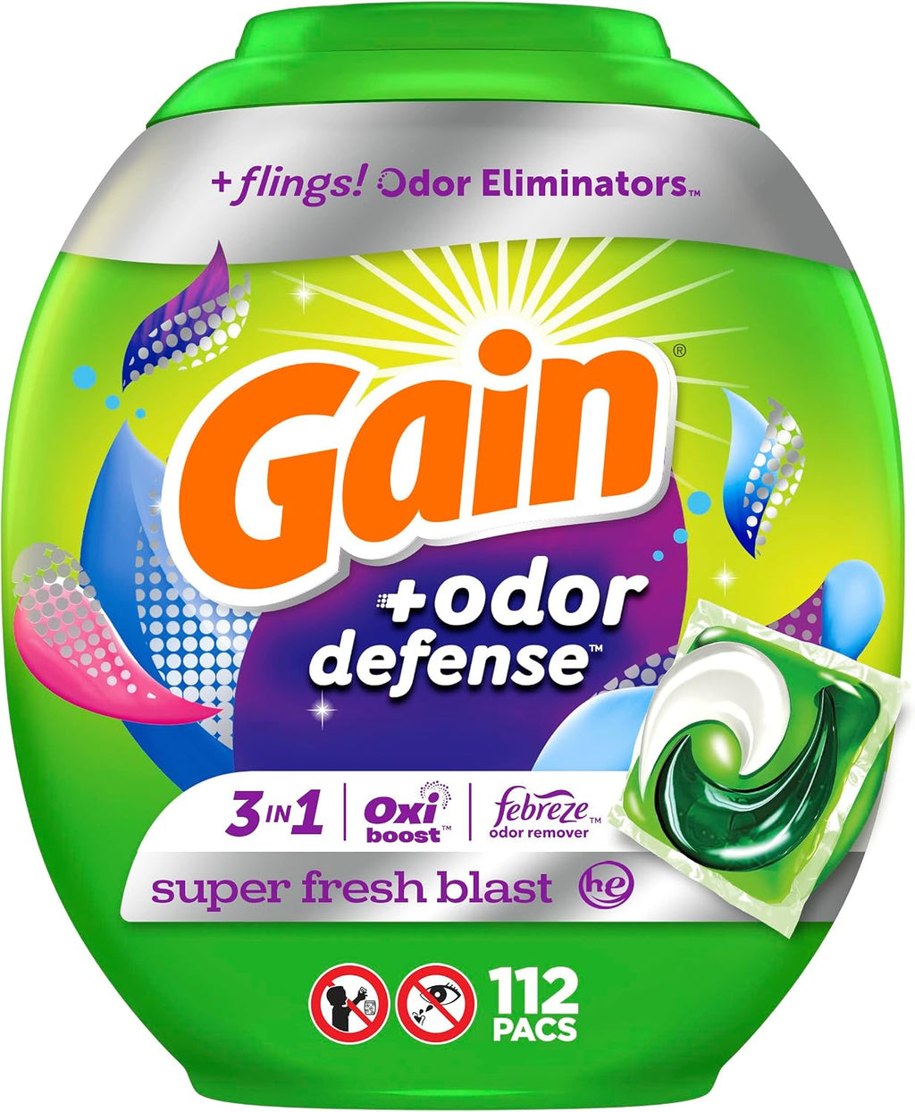 Flings Laundry Detergent Pacs with Odor Defense, 112 Count, Super Fresh Blast Scent, HE 3in1 with Febreze and Oxi