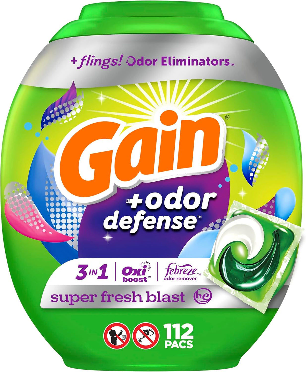 Flings Laundry Detergent Pacs with Odor Defense, 112 Count, Super Fresh Blast Scent, HE 3in1 with Febreze and Oxi