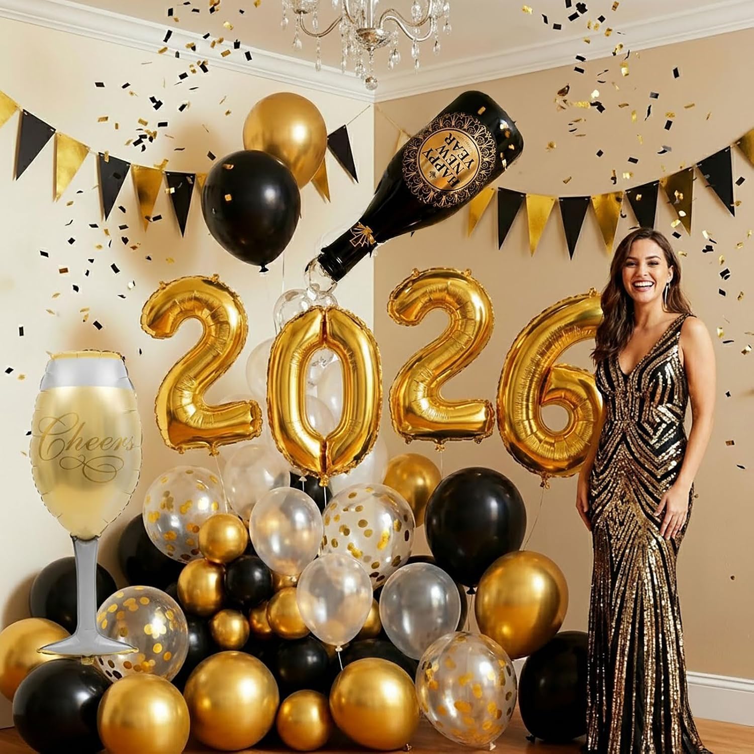 Happy New Year Eve Party Decoration Supplies 2026 New Years Eve Black and Gold Balloon Garland Arch Kit Champagne