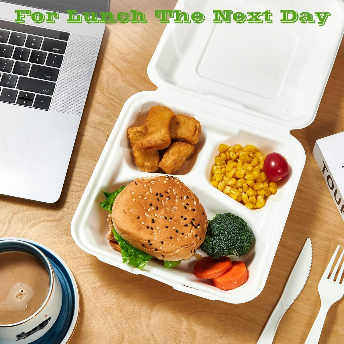 90 Pack Compostable Take Out Food Containers, 8x8 inch, 3 Compartment