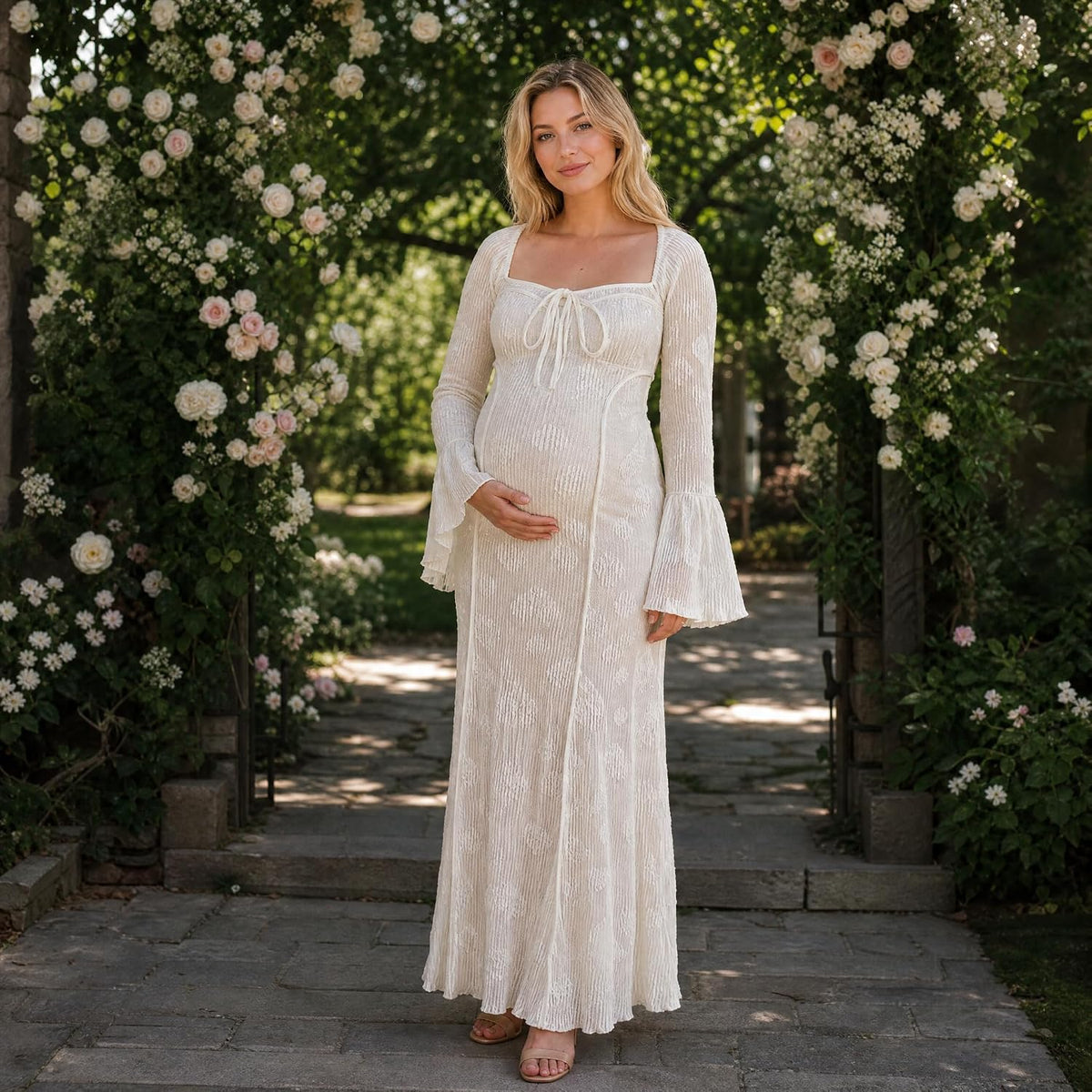 Square Neck Bell Sleeve Lace Maternity Dress Floral Sheer Mesh Fishtail Maxi Gown Tie Front Bodycon for Baby Shower