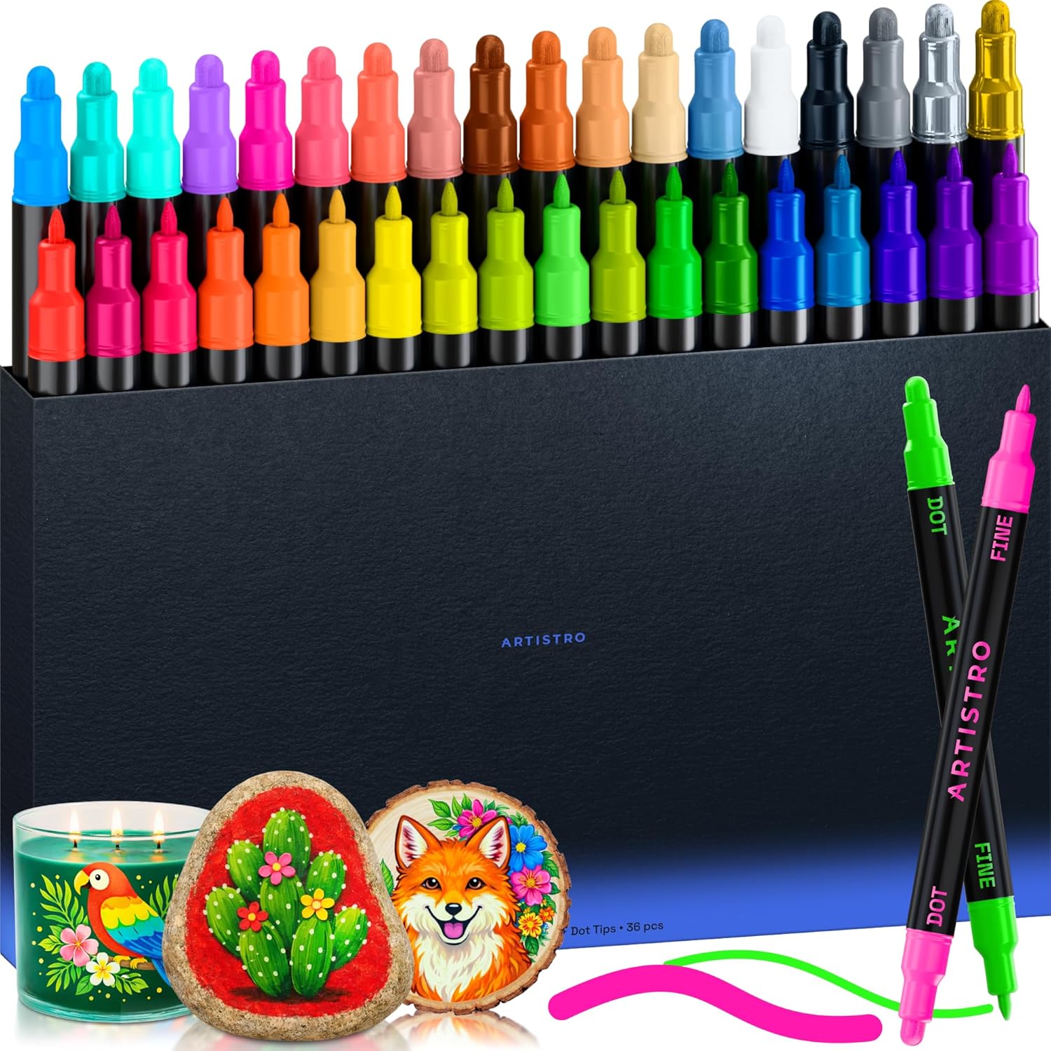 36 Dual Tip Pens, Dot & Fine Tips Paint Markers – Paint Pens Set for Fabric, Rock, Glass, Wood, Coloring Books – Arts