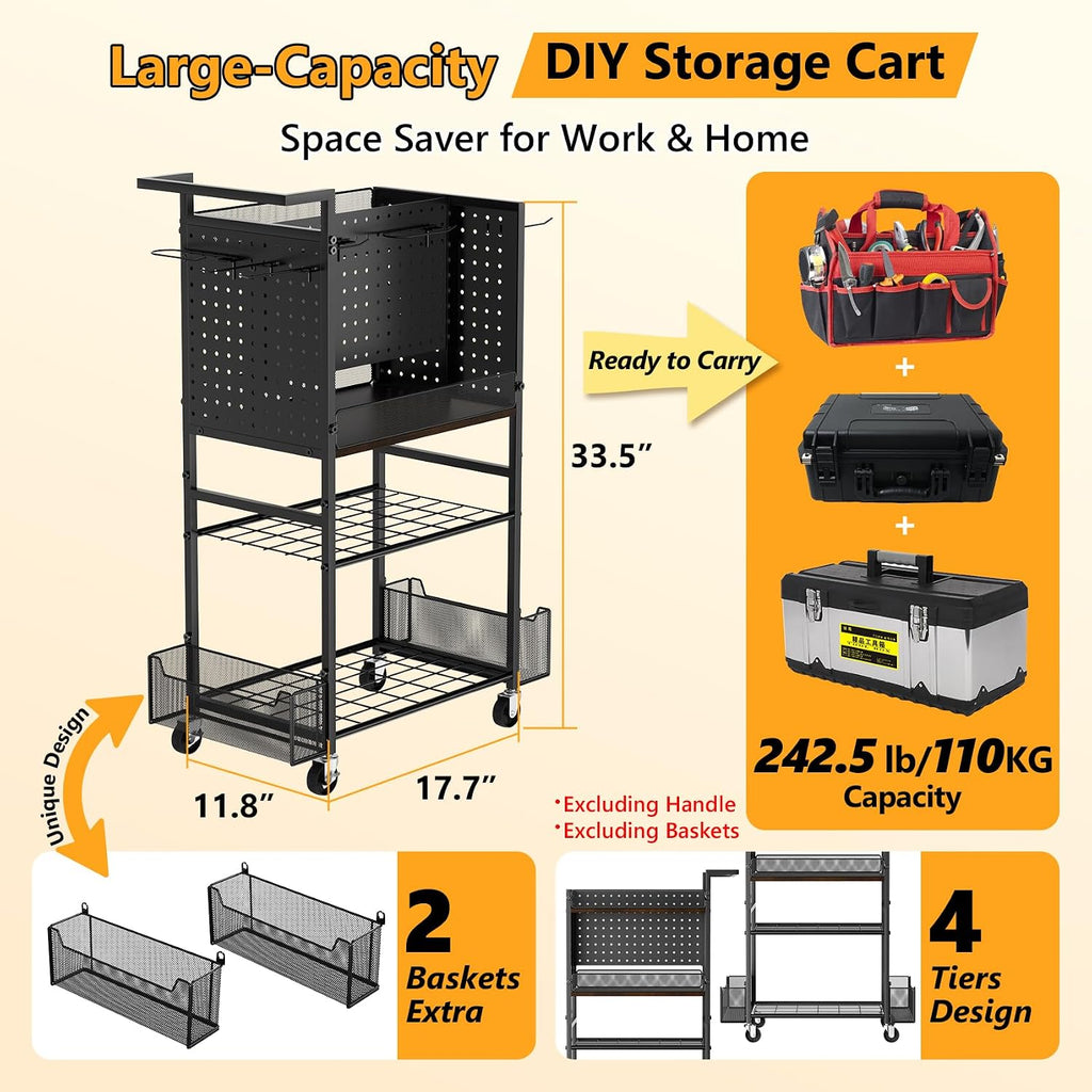 Tool Cart on Wheels, 4-Tier Metal Rolling Utility Cart with Pegboard & Storage Baskets, 242.5 lbs Heavy Duty Tool