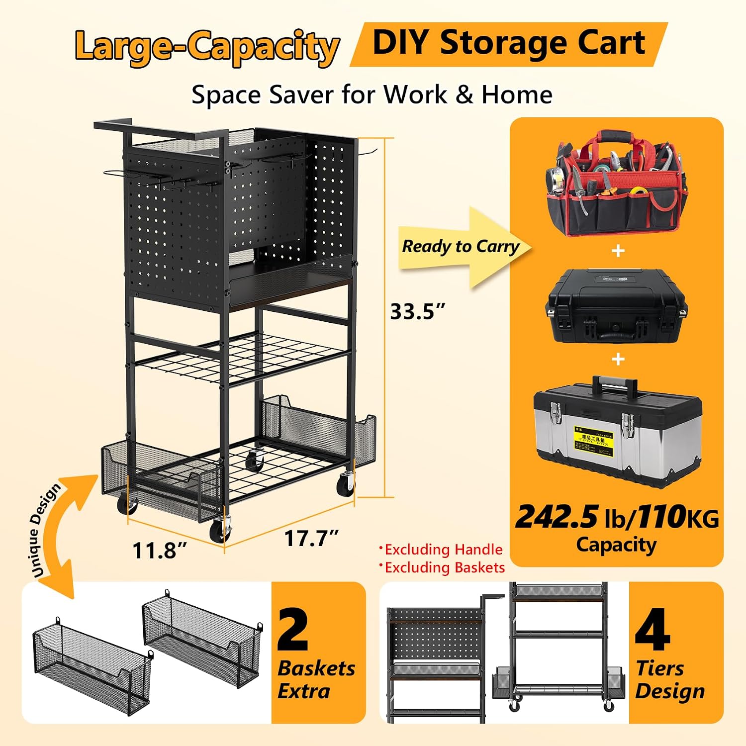 Tool Cart on Wheels, 4-Tier Metal Rolling Utility Cart with Pegboard & Storage Baskets, 242.5 lbs Heavy Duty Tool
