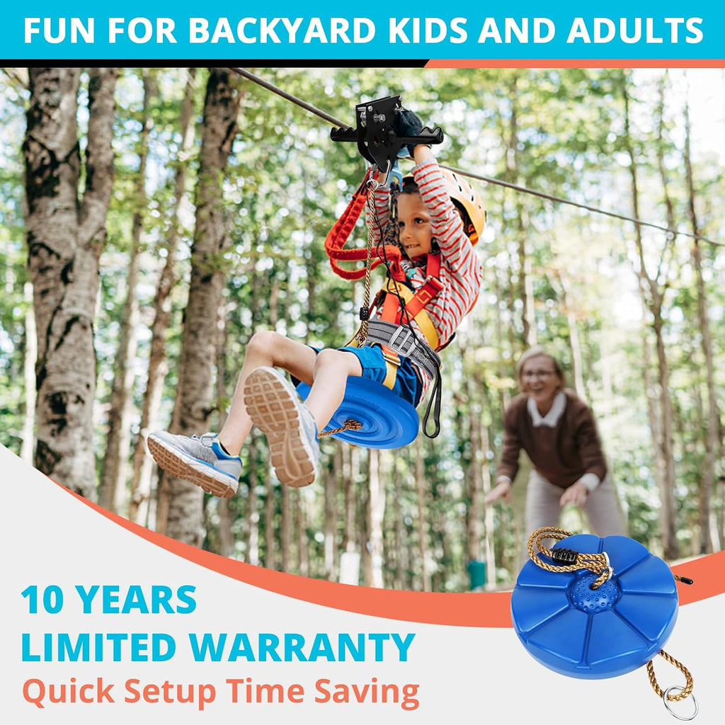 Zip Line Kit for Kids Adults : 100FT / 120FT / 150FT / 200FT Up to 380Lbs - Quick Tighten Zipline for Backyard