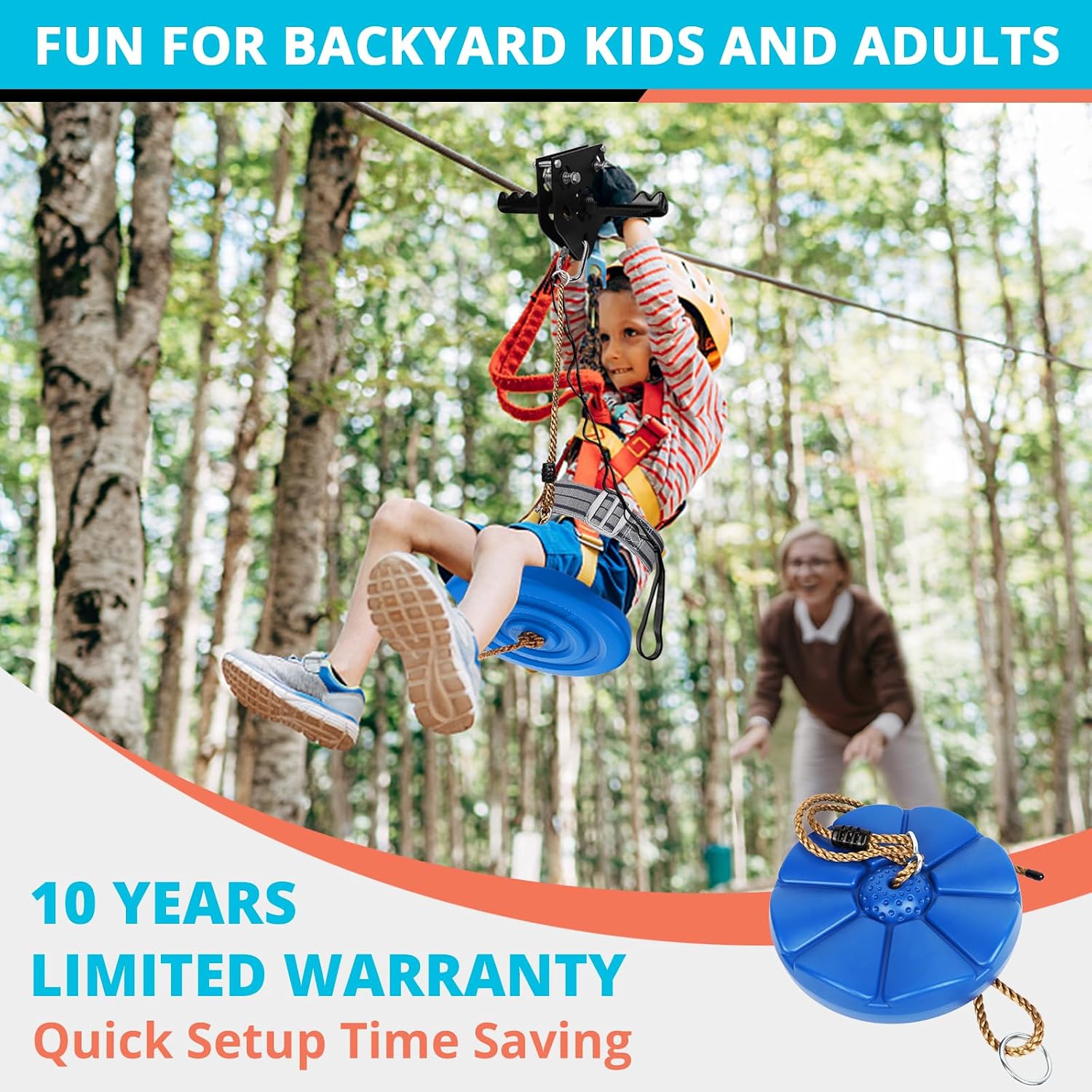 Zip Line Kit for Kids Adults : 100FT / 120FT / 150FT / 200FT Up to 380Lbs - Quick Tighten Zipline for Backyard