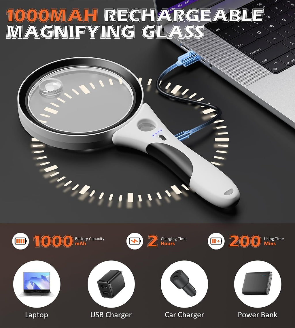 Rechargeable Magnifying Glass with Light, 10X 20X 45X Handheld Lighted Magnifier with 18 LED 3 Modes, 4.3" Anti-Glare