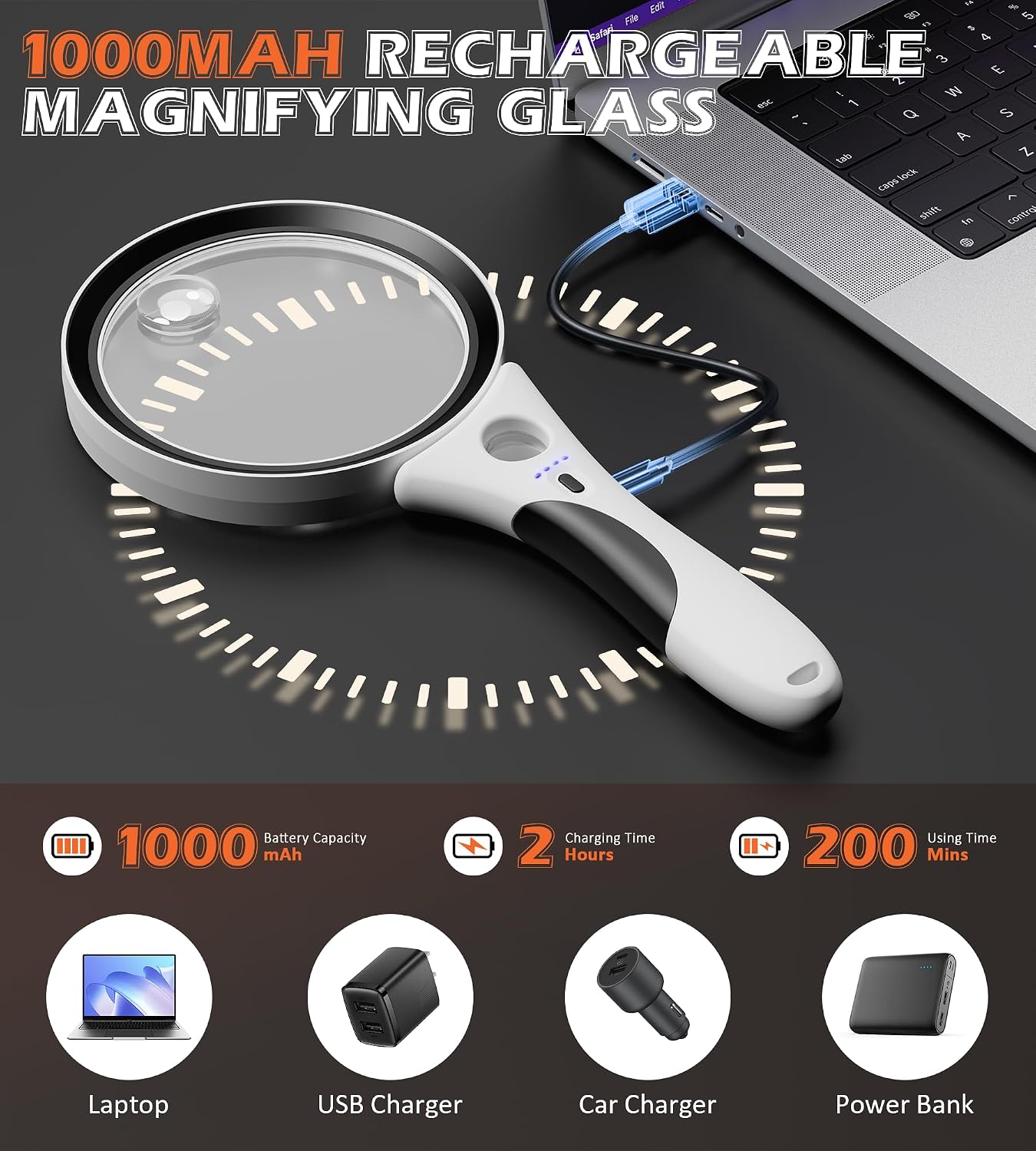 Rechargeable Magnifying Glass with Light, 10X 20X 45X Handheld Lighted Magnifier with 18 LED 3 Modes, 4.3" Anti-Glare