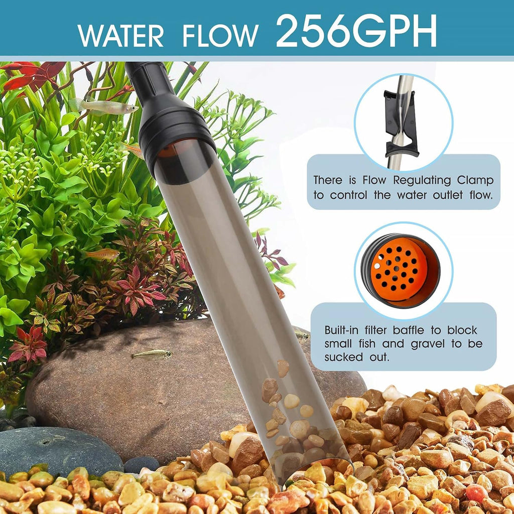 Manual 256GPH Gravel Vacuum for Aquarium, Run in Seconds Aquarium Gravel Cleaner Low Water Level Water Changer Fish