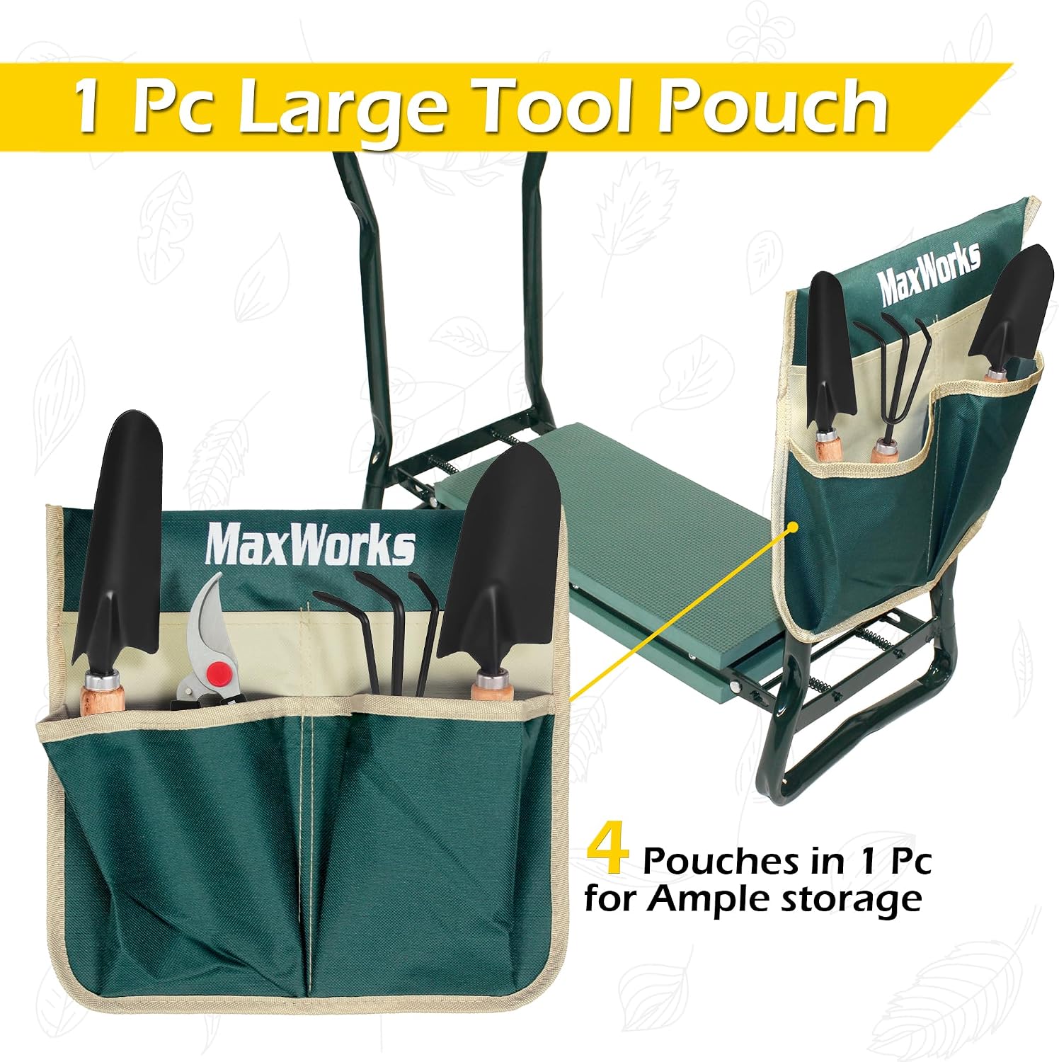 50921 Folding Garden Kneeler Stool with 8 inch Wide Kneeling Pad, with 1 Tools Pouch for Planting and Gardening