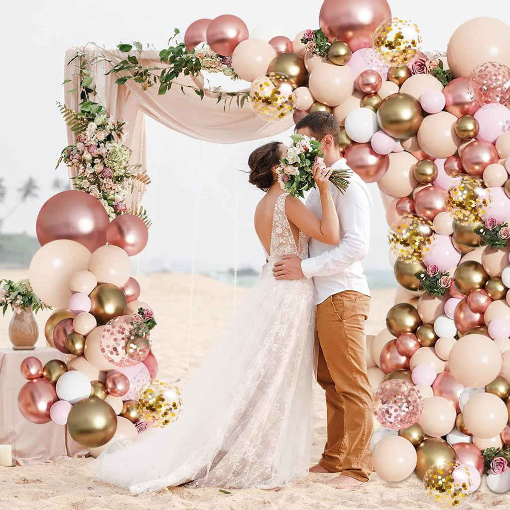 Rose Gold Balloon Garland Kit, Nude Pastel Pink Metallic Gold Matte White Balloons Gold and Rose Gold Confetti