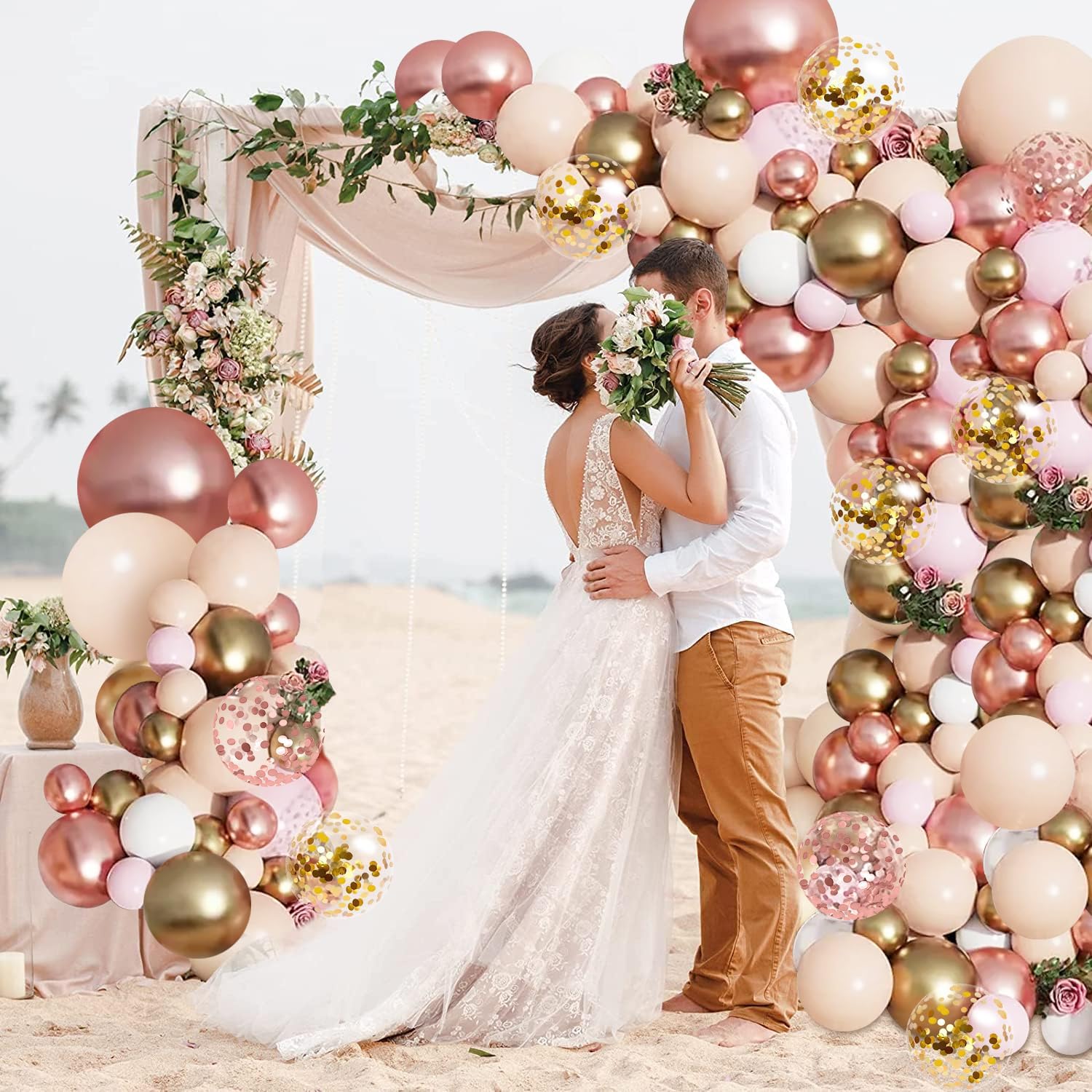 Rose Gold Balloon Garland Kit, Nude Pastel Pink Metallic Gold Matte White Balloons Gold and Rose Gold Confetti