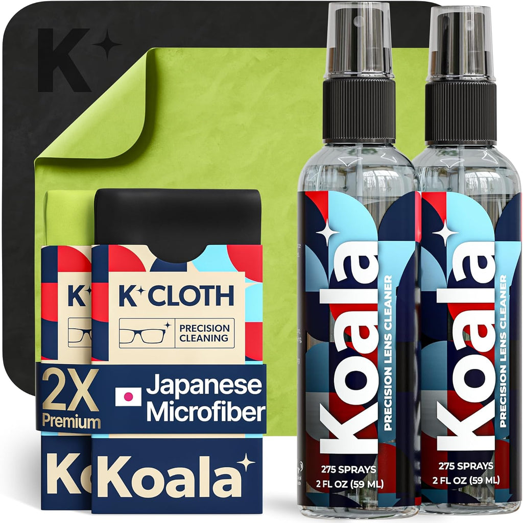 Koala Eyeglass Lens Cleaner Spray Kit | Japanese Microfiber (4 Piece Set) | (2x) Glasses Cleaner Bottle + (2x)