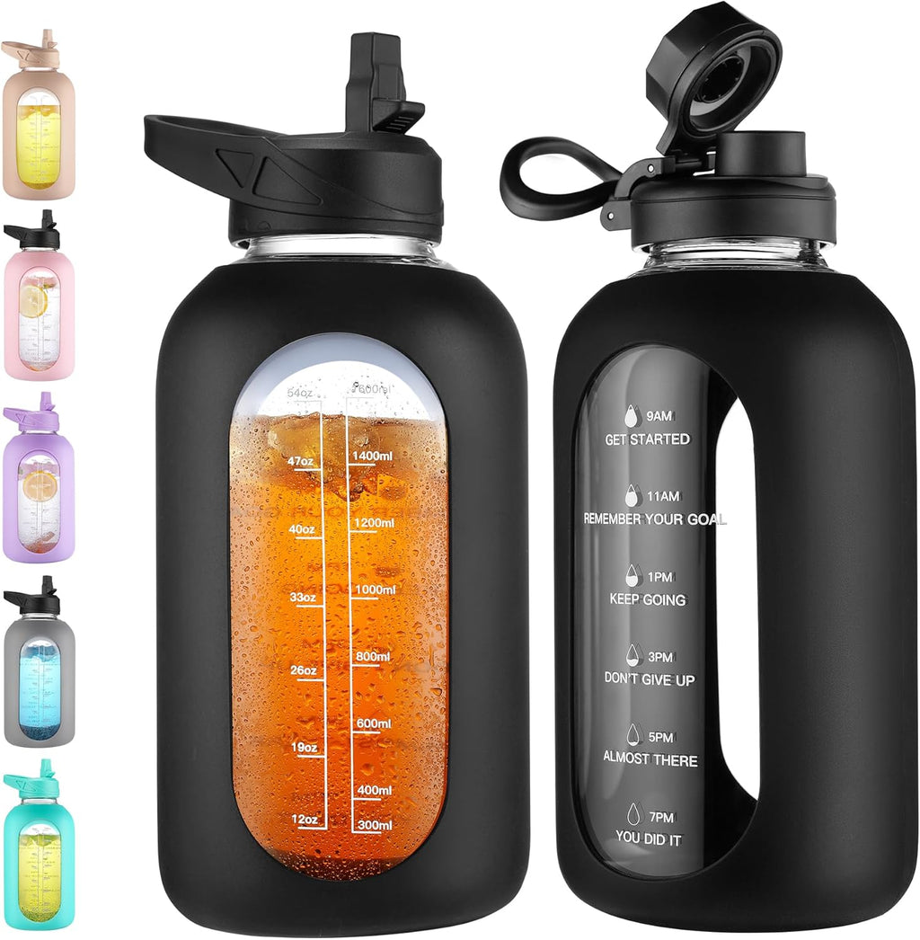 64 oz Glass Water Bottle with Straw, Half Gallon Large Water Jug | Motivational, Time Marker, Leakproof Lids, Wide