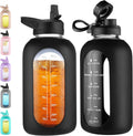 64 oz Glass Water Bottle with Straw, Half Gallon Large Water Jug | Motivational, Time Marker, Leakproof Lids, Wide