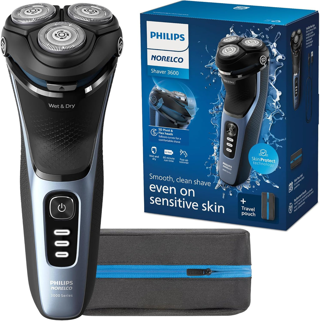 Philips Norelco 3600 Electric Shaver, Storm Blue | 27 Self Sharpening ComfortCut Blades, 5D Pivot & Flex Heads, Wet