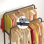 Double Rods Garment Rack with Wheels, Clothing Rack for Hanging Clothes,4 Hooks, Multi-functional Bedroom Clothes