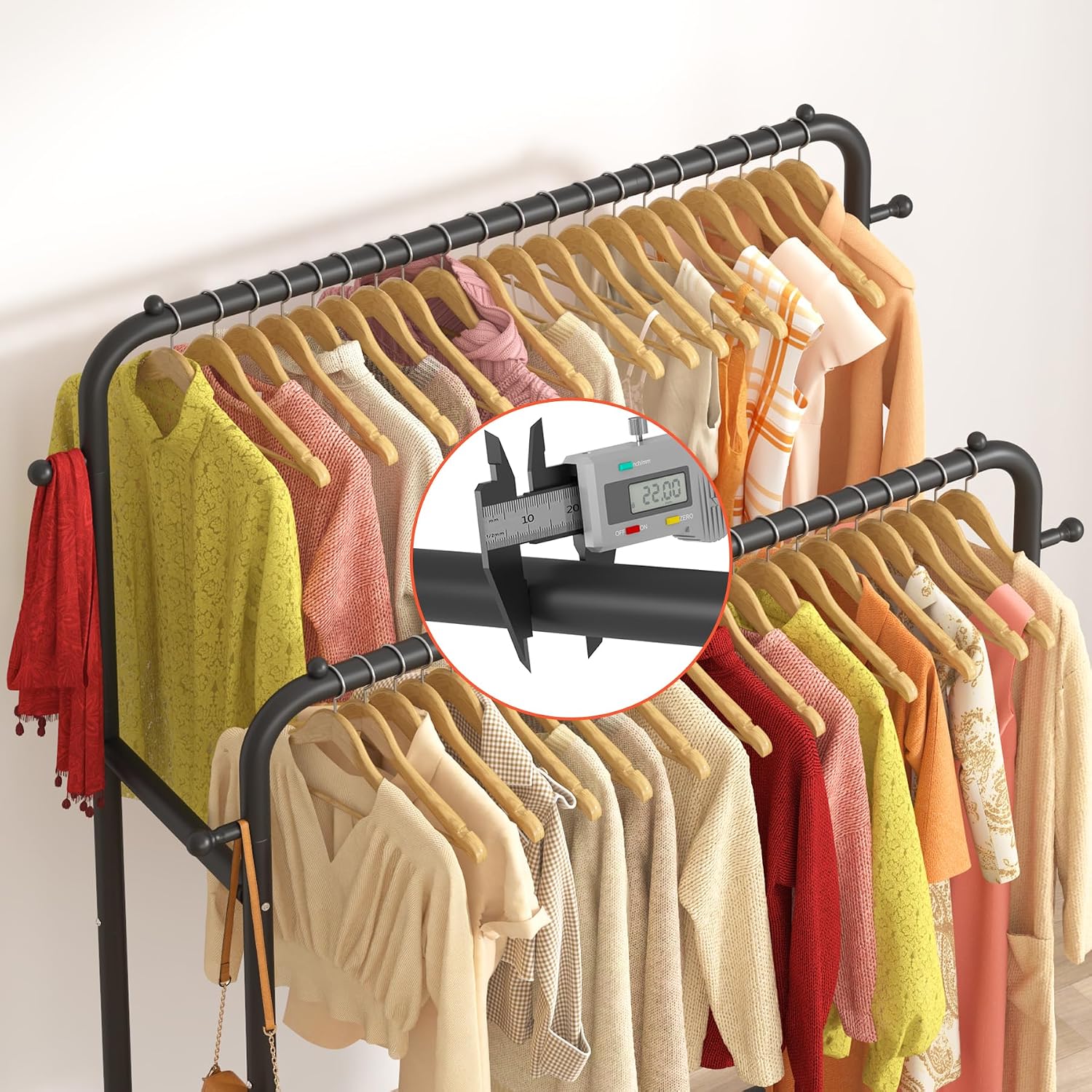 Double Rods Garment Rack with Wheels, Clothing Rack for Hanging Clothes,4 Hooks, Multi-functional Bedroom Clothes