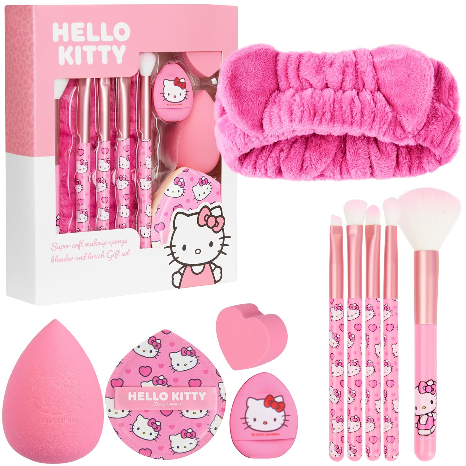 Hello Kitty Sanrio Makeup Brush Sponge Set for Girls, Teens with Headband Powder Puffs Soft Brushes Beauty Sponges