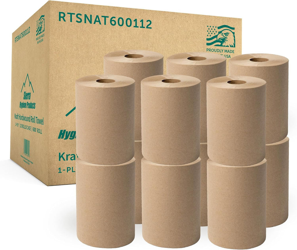 Sierra Hygiene 1-Ply Natural Hardwound Paper Towels, 8"x600', 12 Rolls, USA