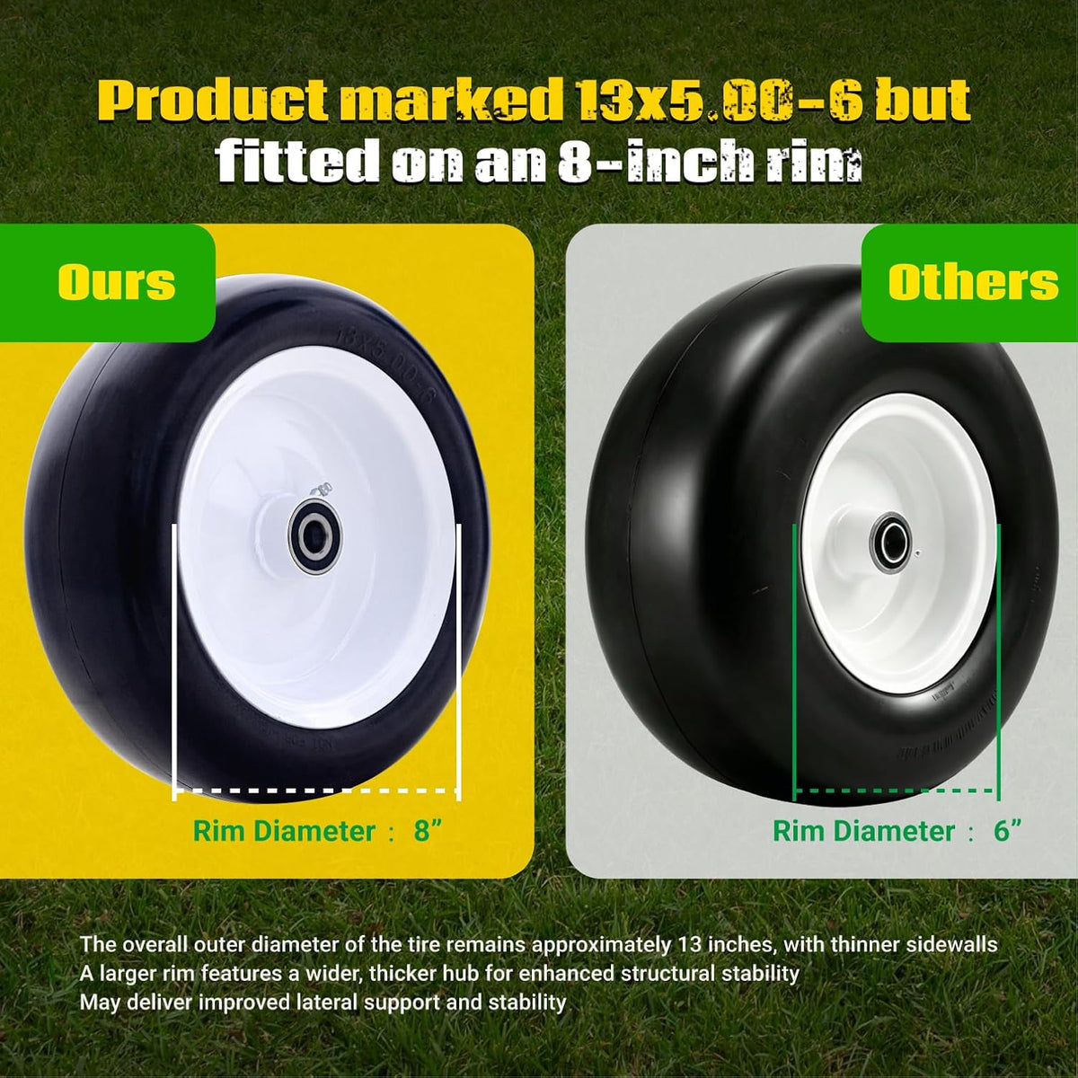 (2 Pack) 13x5.00-6 Flat Free Lawn Mower Tire and Wheel Assembly | Universal 3/4", 5/8" and 1/2" Bearings, 4.3"-6.7"
