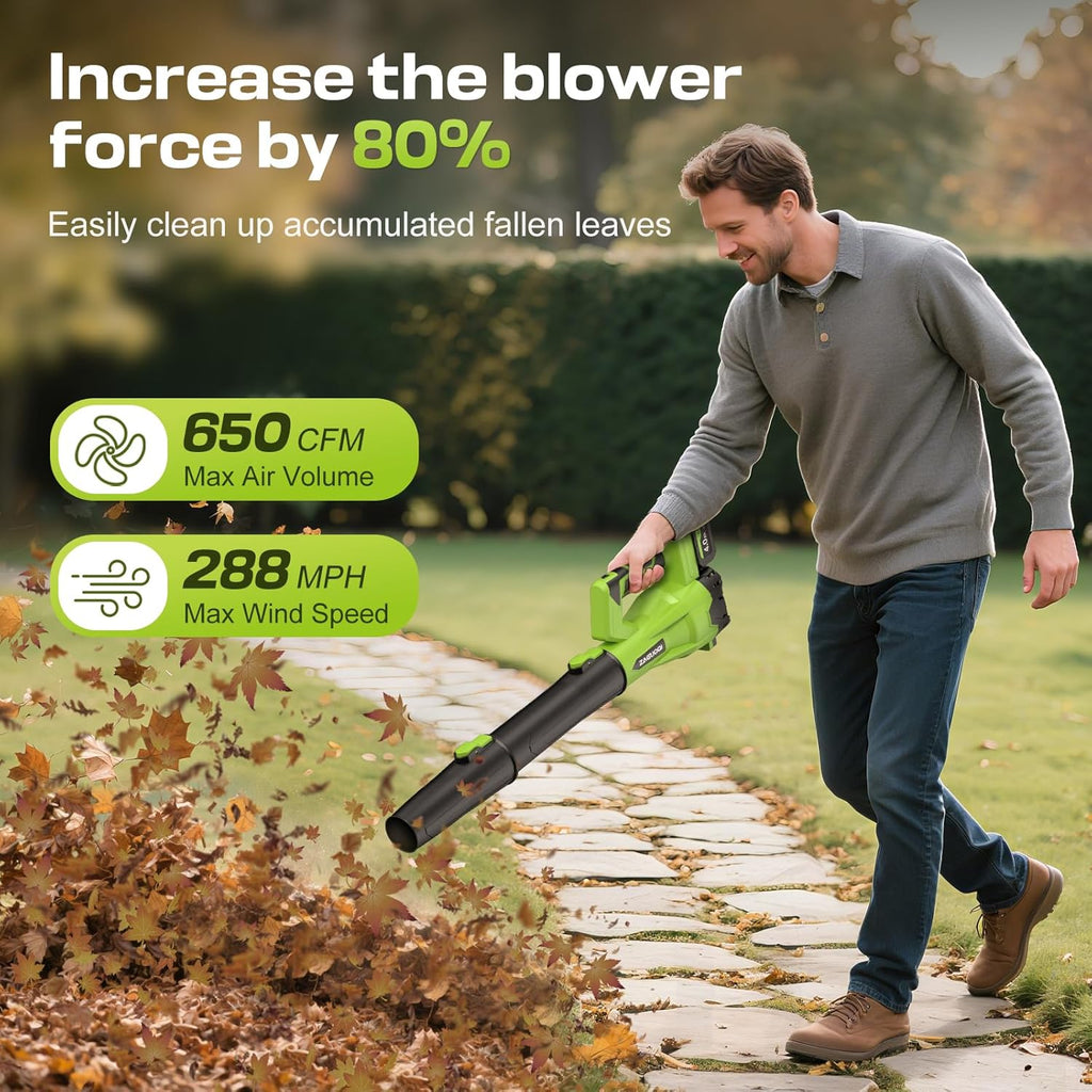 Leaf Blower Cordless 650CFM 288MPH Electric Leaf Blower with 2 x 4.0Ah Battery Operated, 6 Speed Mode, 20V Powered