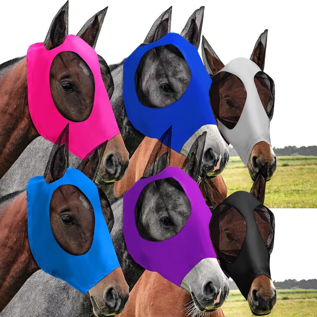 6 Pcs Horse Fly Masks with Ears Comfort Breathable Mesh Fly Masks Net UV Protection Large Eye Space Full Face